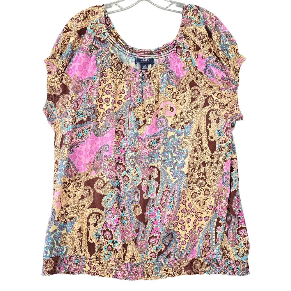 Chaps Denim Purple Shirt Preppy Boho Paisley Short Sleeves Stretch Women Size 2X